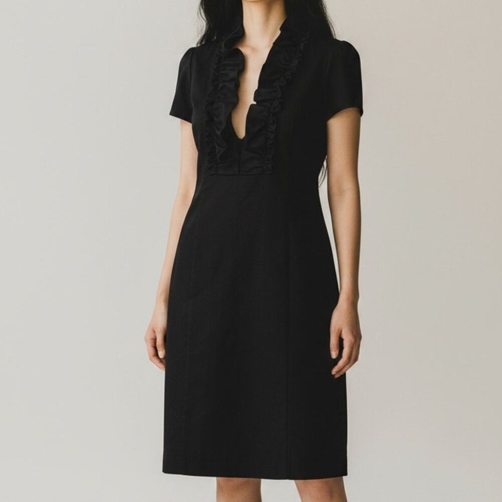 J. Crew Madeline Ruffle Collar Wool Short Sleeve Dress Pockets Side Zip 2 Black